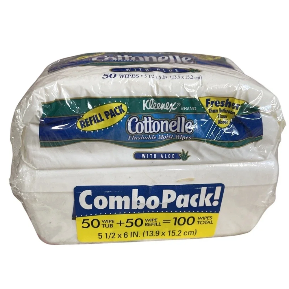 VTG Kleenex Cottonelle Aloe Flushable Wipes Refillable Tub Combo 100 Pc 1997‎